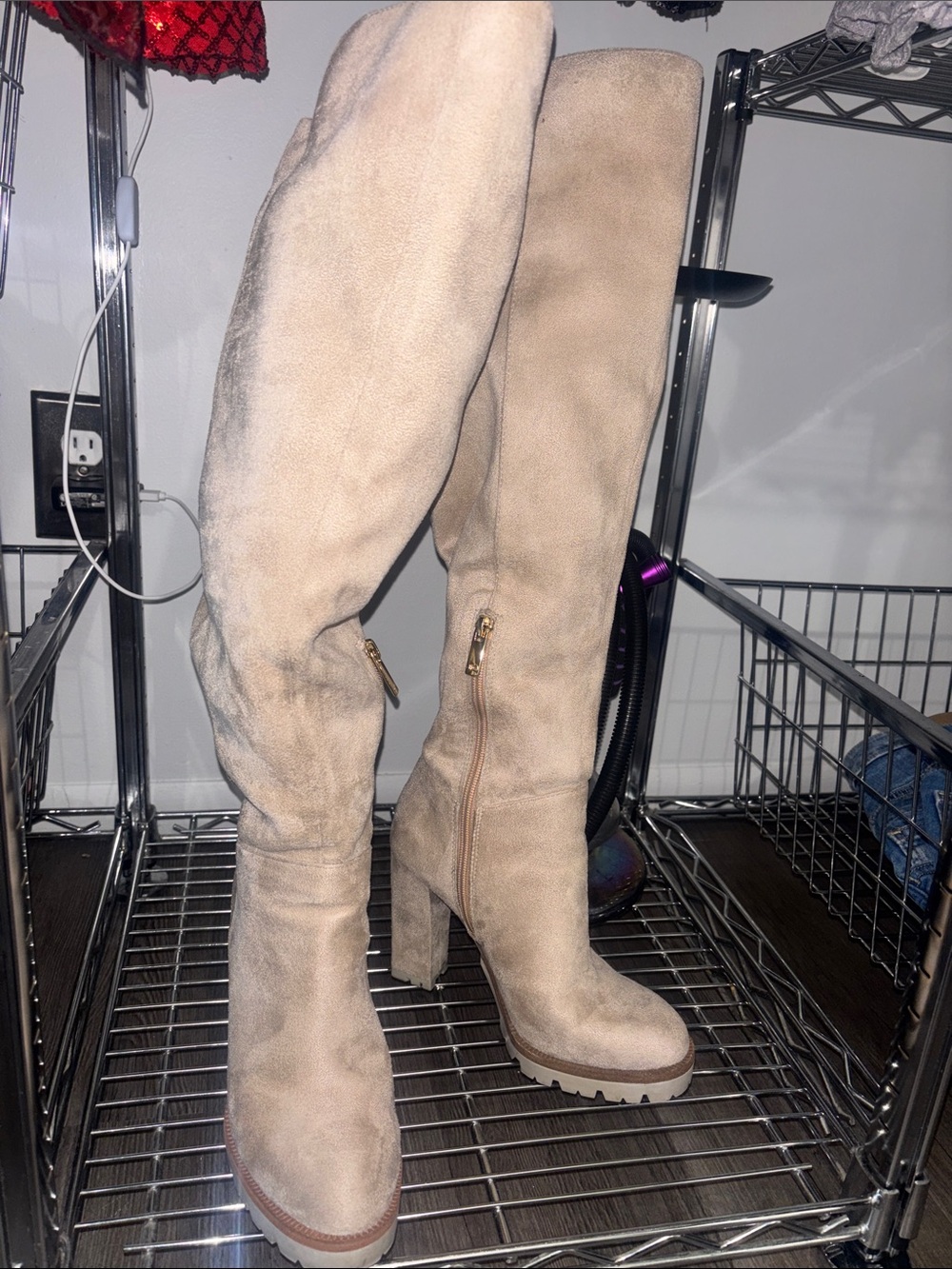 Neutral Suede Over-the-Knee Block Heel Boots - Taupe